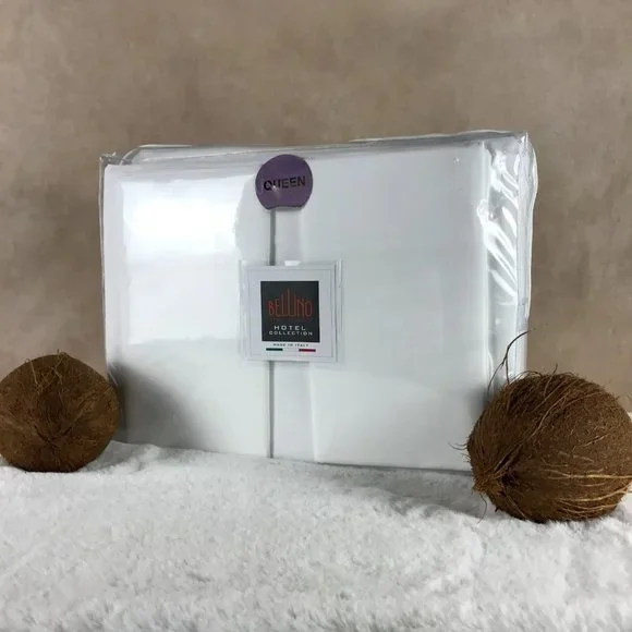 BELLINO ITALY Solid White Bed Sheets Cotton Percale QUEEN SHEET SET - Picture 2 of 4